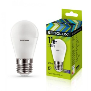 Лампа светодиодная 13632 ERGOLUX LED-G45-11W-E27-6K 220В 11Вт E27 6500K холодный белый