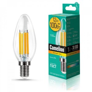 Лампа светодиодная СВЕЧА филаментная 13708 Camelion LED12-C35-FL/830/E14 220В 12Вт Е14 3000К теплый белый