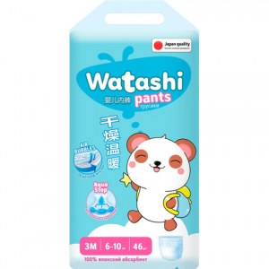 Watashi Трусики-подгузники одноразовые для детей 3/M (6-10кг), jambo-pack 46шт