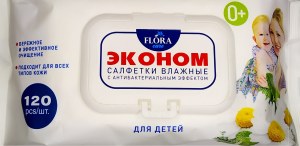 Влажные салфетки FLORA Эконом детские, антибактериальные Ромашка, 120 шт.