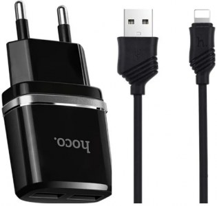 Сетевое зарядное устройство Hoco C12 2хUSB 2.4A+кабель Lighting, черный