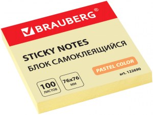 Блок для записей BRAUBERG самоклеящийся (стикеры), 76х76 мм, 100 листов, желтый